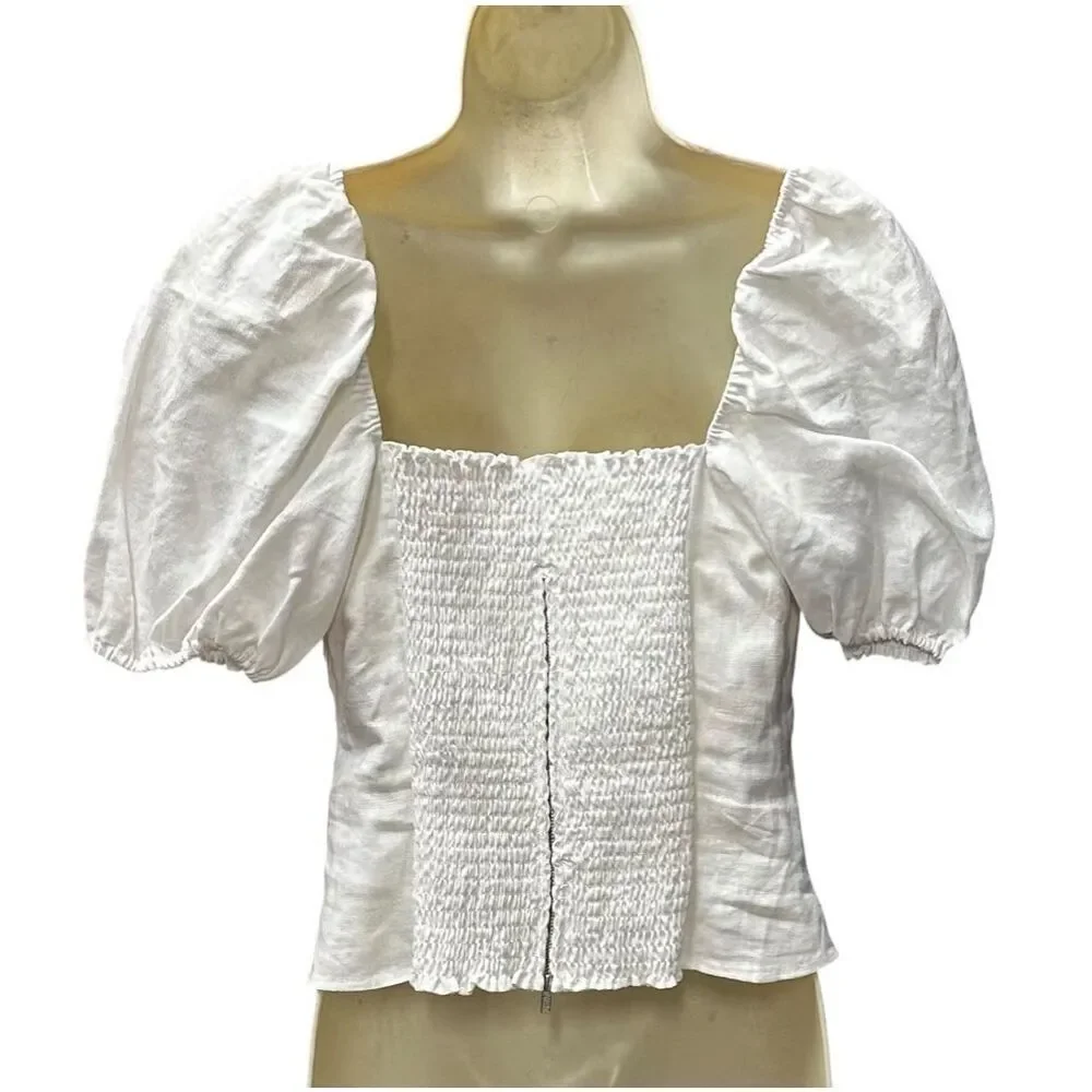 Reformation Rory linen puff sleeve top in White NWT Size 8